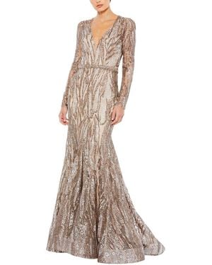 Mac Duggal Embellished Plunge Neck Trumpet Gown - Natural