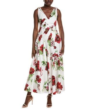 Oscar de la Renta Peony Print Poplin Dress - Red