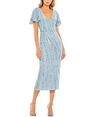 Mac Duggal V-Neck Flutter Sleeve Tea-Length Dress - Blue