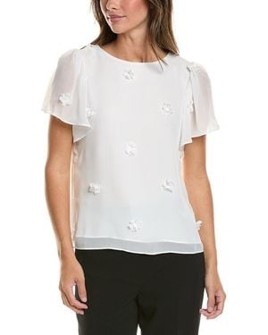 Cece Flutter Crewneck Flower Top - White