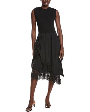 Gracia Knit Top Asymmetrical Lace Hem Midi Dress - Black