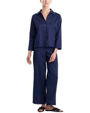 Natori 2Pc Sateen Embroidered Essentials Notch Pyjama Set - Blue