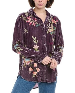 Johnny Was Velvet Oversized Silk-Blend Shirt - Purple