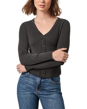 Lilla P Ribbed Slub Snap V-Neck - Black