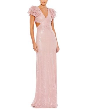 Mac Duggal Sequined Ruffled Cut Out Lace Up Gown - Pink