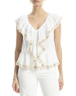 Max Studio Embroidered Ruffle Sleeve V-Neck Top - White