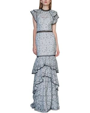 ML Monique Lhuillier Flutter Sleeve Ruffle Tier Gown - Blue