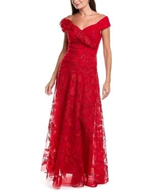 Teri Jon Lace Sweetheart Bodice Off-Shoulder Gown - Red