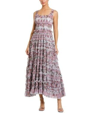 Mac Duggal Floral Mesh Micro Ruffle Maxi Dress - Purple