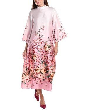 Teri Jon Twill Mandarin Neck Border Print Midi Dress - Red
