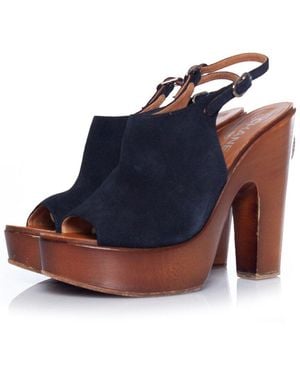 CHANEL Suede Wooden Platform Peep-Toe Clog (Authentic Pre-Loved) - Blue