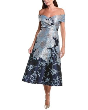 Teri Jon Metallic Jacquard Floral Off-Shoulder Fit N Flare Midi Dress - Blue