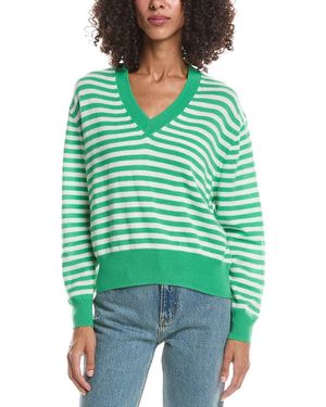 Brodie Cashmere Beach Stripe V-Neck 100% Cashmere Jumper - Green
