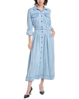 Tahari Rolled Sleeve Button Down Midi Shirtdress - Blue