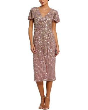 Mac Duggal Sequin Mesh V Neck Flutter Sleeve Midi Dress - Red