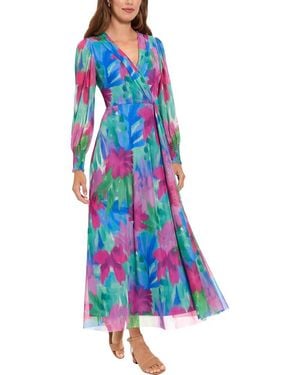 knee length dresses for ladies London Times Floral Ruffled Chiffon Maxi Dress In Black And Blush main image 0