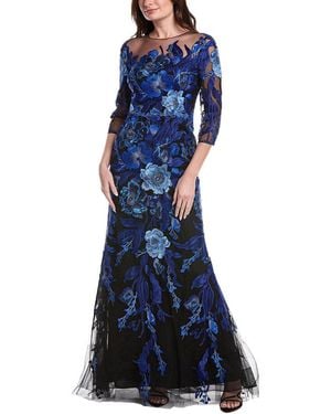 Teri Jon Embroidered Tulle Floral 3/4 Sleeve Gown - Blue