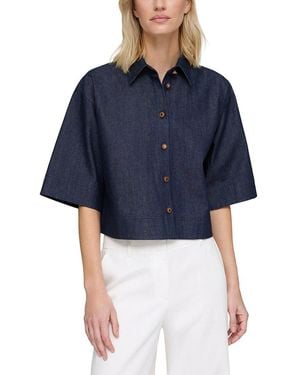 Lafayette 148 New York Button Front Cropped Shirt - Blue