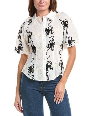 Gracia Flower Stitch Puff Sleeve Shirt - White