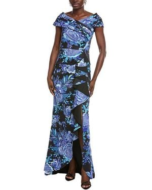 Tadashi Shoji Leticia Floral Waterfall Flounce Gown - Blue