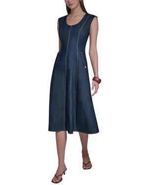 Halston Denim Scoop Neck Sleeveless Midi Dress - Blue