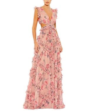 Mac Duggal Ruffled Cut Out Cap Sleeve V-Neck Chiffon Gown - Pink