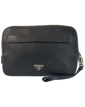 Prada Leather Triangle Logo Clutch (Authentic Pre-Loved) - Black