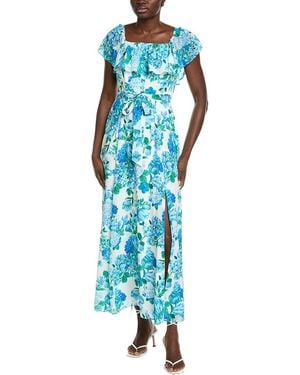 Maison Tara Printed Chiffon Crepe Short Sleeve Maxi Dress - Blue