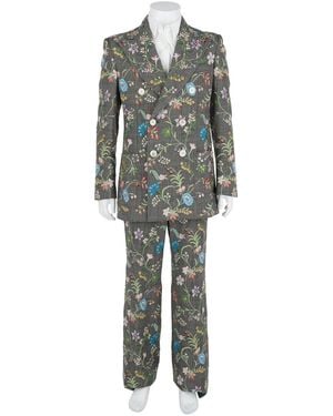 Gucci Floral Embroidered Wool & Linen-Blend Plaid Suit - Gray