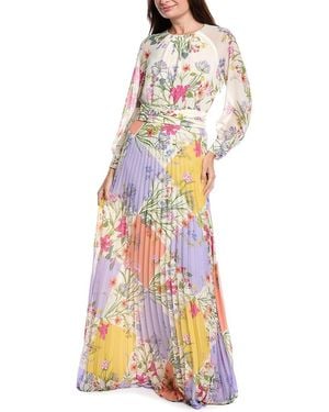 Teri Jon Chiffon Patchwork Floral Gown - White