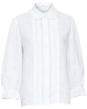 Celine Linen Ramie Eyelet Ruffled Collar Pleated Shirt, Size Fr (Authentic Pre-Loved) - White