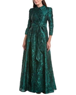 Teri Jon Metallic Jacquard Floral Shirt Gown - Green