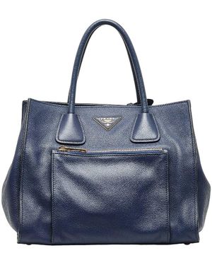 Prada Calfskin Triangle Logo Plate Handbag (Authentic Pre-Loved) - Blue