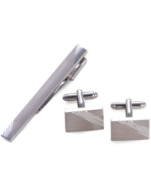 Bey-berk Rhodium Plated Satin Finish & Striped Design Cufflinks & Tie Pin Set - White