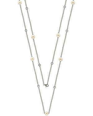 Suzy Levian Silver 3.90 Ct. Tw. Sapphire & 7-7.5mm Pearl 46in Station Necklace - Metallic