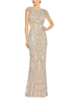 Mac Duggal Beaded Mesh Cap Sleeve High Neck Column Gown - White
