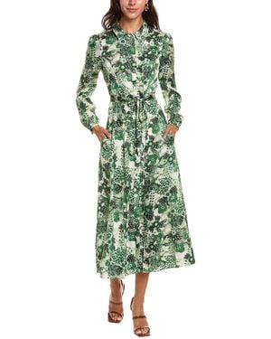 Saloni Vanessa Printed Hammered Satin Midi Dress - Green