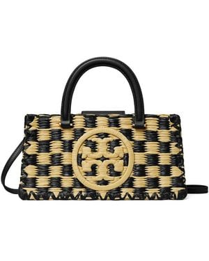 Tory Burch Ella Hand-Crocheted Chequered E/W Top Handle Raffia & Leather Satchel - Black