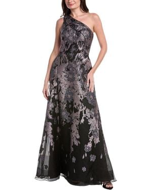 Teri Jon Floral Met Jacquard Pleated One Shoulder Gown - Black