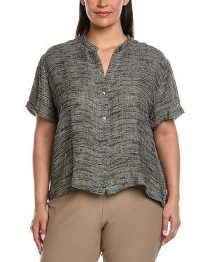 Eileen Fisher Plus Mandarin Collar Linen-Blend Shirt - Gray