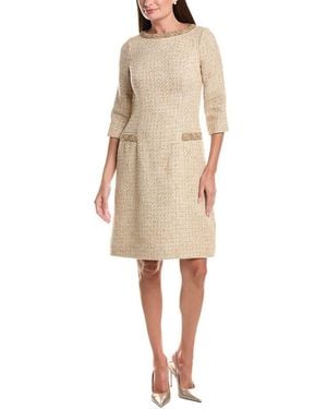 Teri Jon Metallic Boucle Elbow Sleeve Jewel Trim Dress - Natural