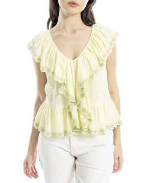 Max Studio Embroidered Ruffle Sleeve V-Neck Top - Yellow