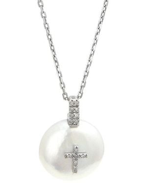 Gemstones 0.07 Ct. Tw. Diamond 8-9Mm Pearl Cross Necklace - White