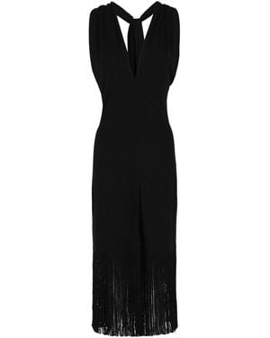 Ferragamo Plunging Sleeveless Fringe-Hem Midi Dress - Black