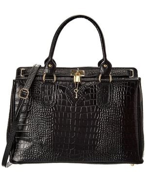 Italian Leather Croc-Embossed Top Handle Tote - Black