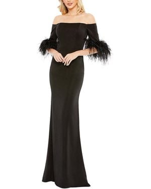 Mac Duggal Feather Trim Off The Shoulder Column Gown - Black