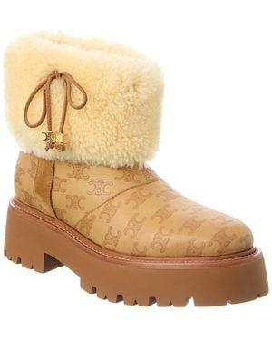 Celine Bulky Cropped Triomphe Leather & Shearling Boot - Natural