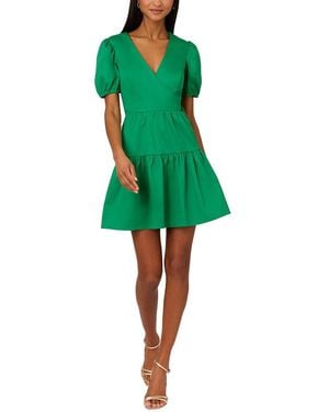 Adrianna Papell V-Neck Puff Sleeves Stretch Short Dress - Green