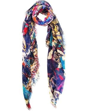 Blue Pacific Silk-Blend Vintage Patchwork Scarf - Blue