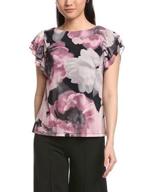 Anne Klein Printed Mesh Ruffle Sleeve Top - Pink